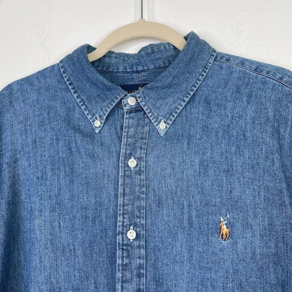 Ralph Lauren Mens Size XXL Denim Button Up Shirt Flesh Pony Long Sleeve Cotton